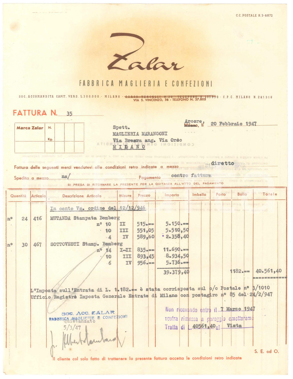 1947 MILANO Via S. Vincenzo 26 - ZALAR Maglieria e Confezioni - Fattura (2)