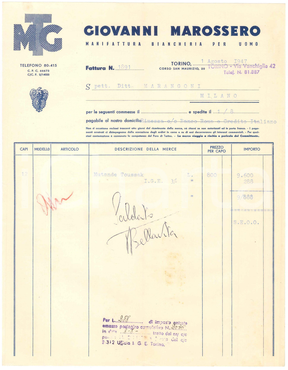 1947 TORINO C.so San Maurizio 20 Giovanni MAROSSERO Biancheria per uomo *Fattura