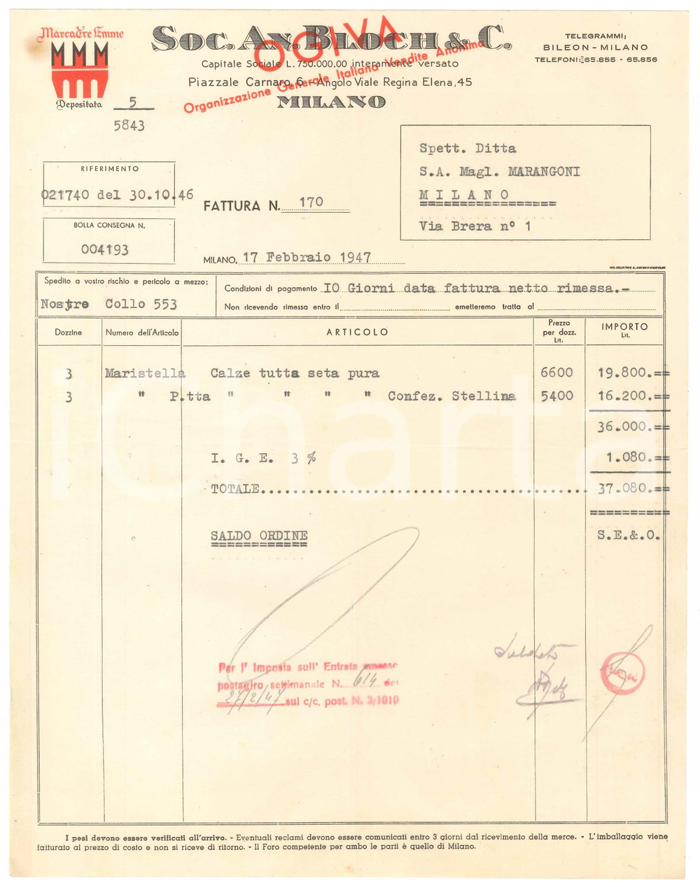1947 MILANO Piazzale Carnaro 6 - Soc. An. BLOCH & C. - Fattura per calze in seta