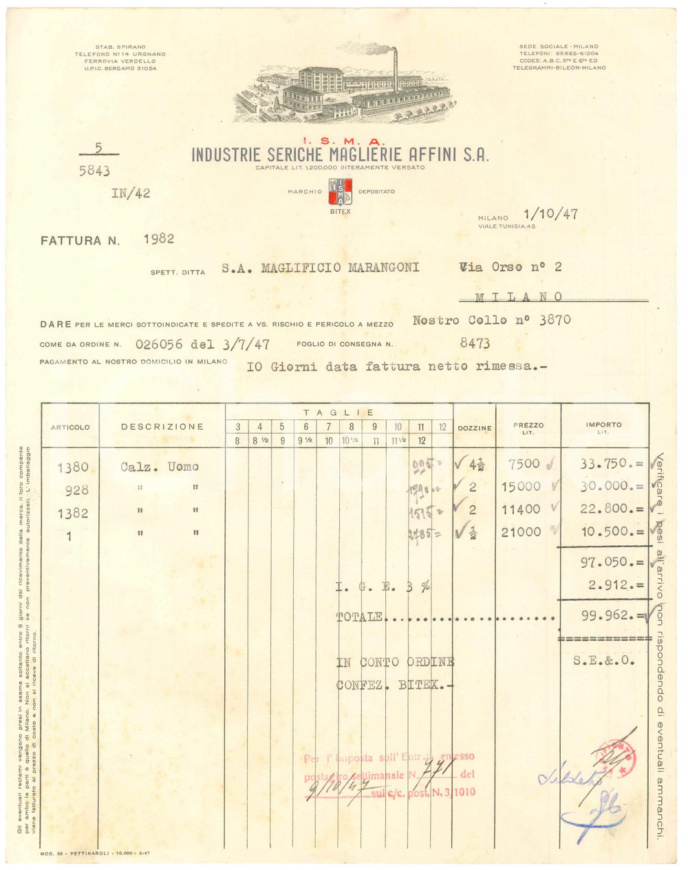 1947 MILANO Viale Tunisia 45 ISMA Industrie Seriche Maglierie Affini Fattura (1)