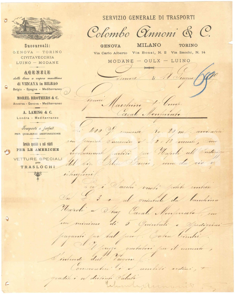 1889 GENOVA - COLOMBO ANNONI & C. Servizio generale di trasporti - Lettera (2)