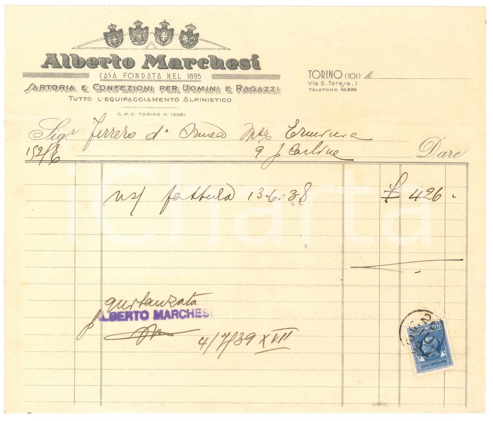 1939 TORINO Via S. Teresa 1 - Alberto MARCHESI Sartoria per uomini - Fattura