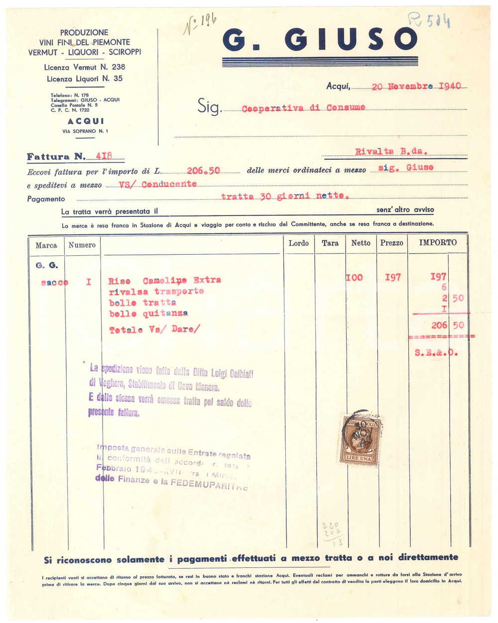 1940 ACQUI TERME (AL) - G. GIUSO Produzione vini fini del Piemonte - Fattura