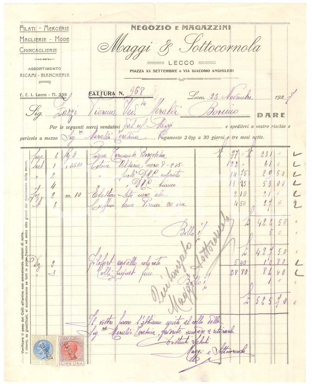 1927 LECCO - MAGGI & SOTTOCORNOLA Negozio e magazzini Filati Mercerie *Fattura