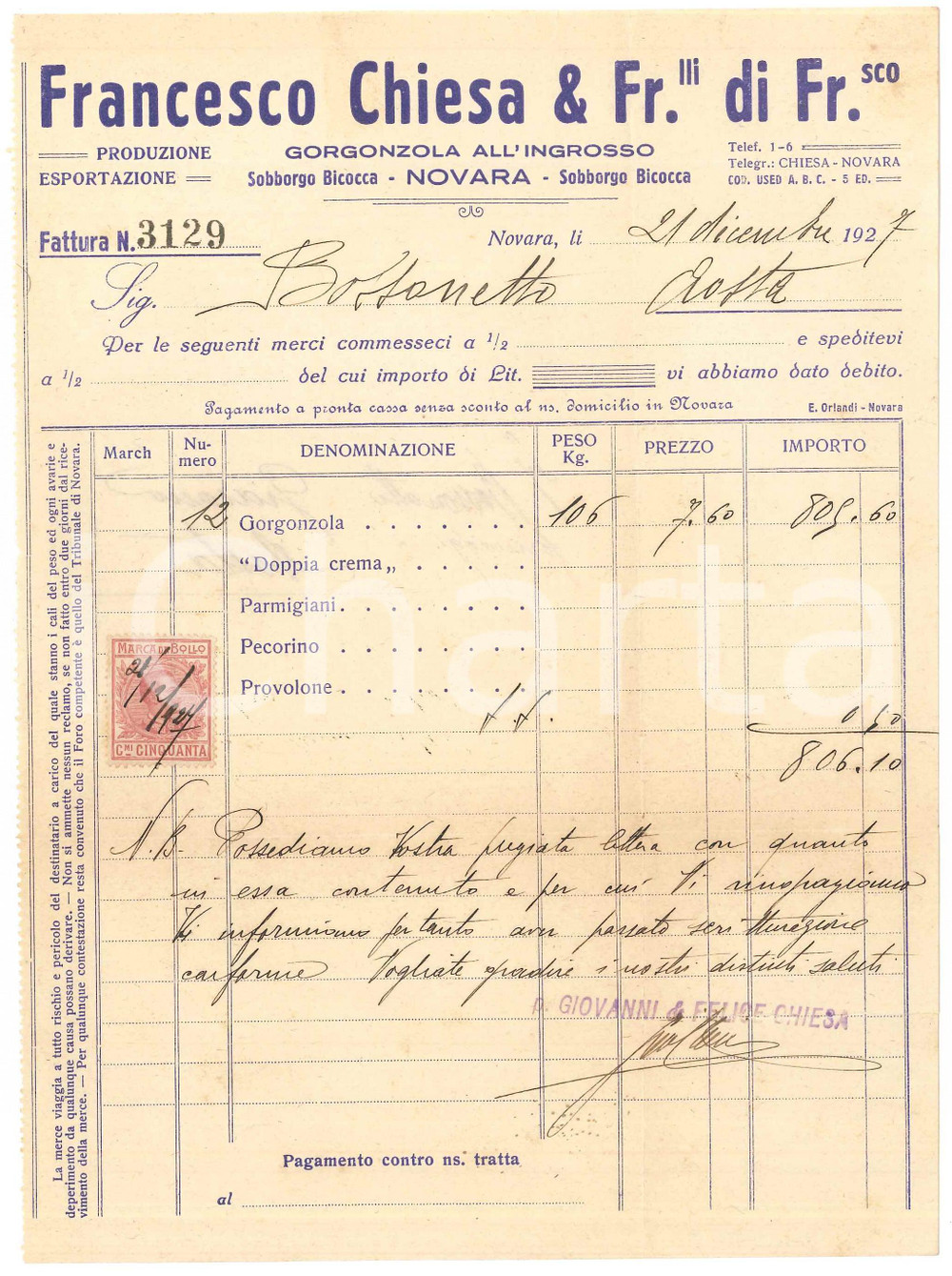 1927 NOVARA - Francesco CHIESA & Fr.lli di Francesco - Fattura per gorgonzola