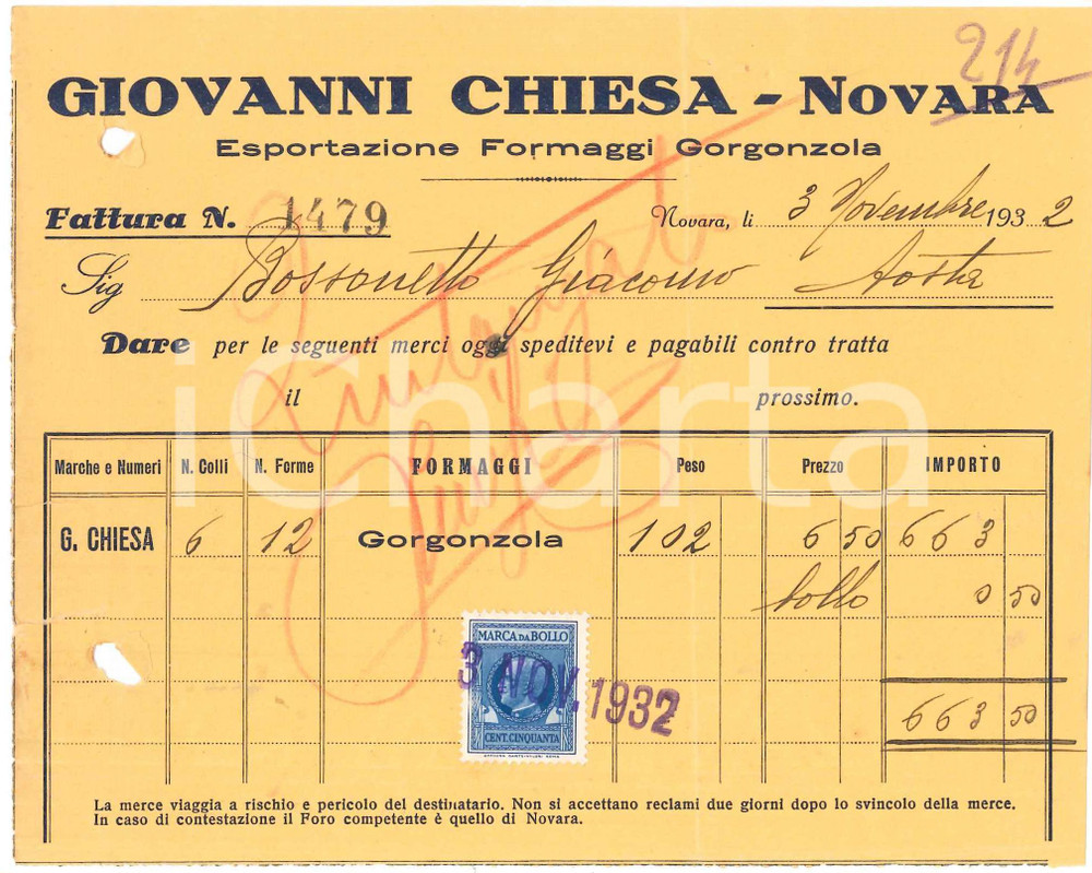 Documento originale, autentico 1932 NOVARA  Giovanni CHIESA Esportazione Formaggi Gorgonzola  Fattura 1 1