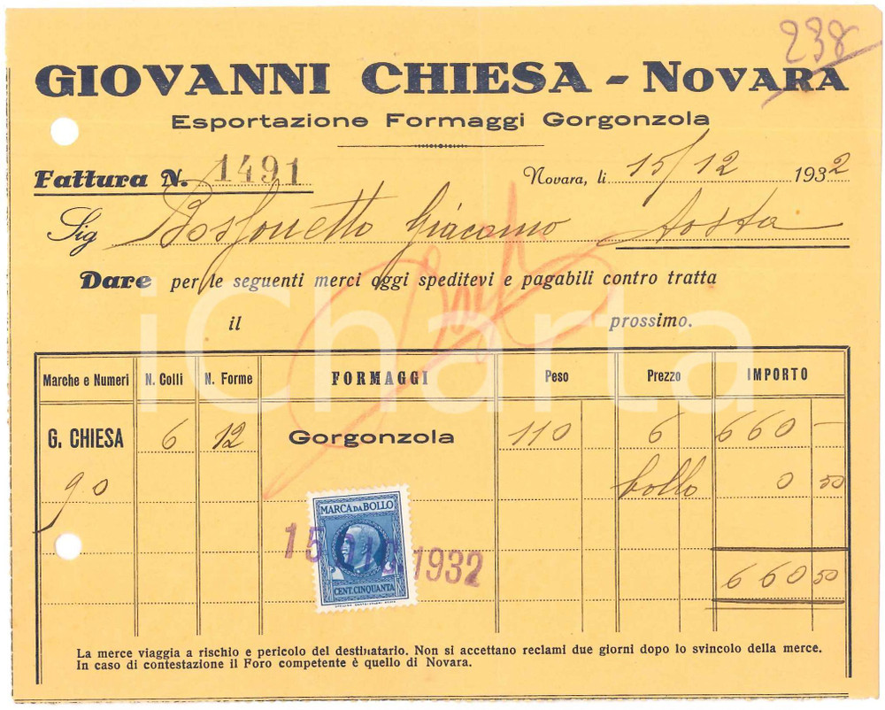 1932 NOVARA - Giovanni CHIESA Esportazione Formaggi Gorgonzola - Fattura (2)