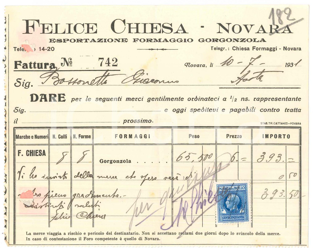 1931 NOVARA - Felice CHIESA Esportazione formaggio gorgonzola - Fattura (3)