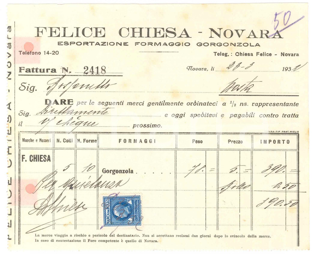 1932 NOVARA - Felice CHIESA Esportazione formaggio gorgonzola - Fattura
