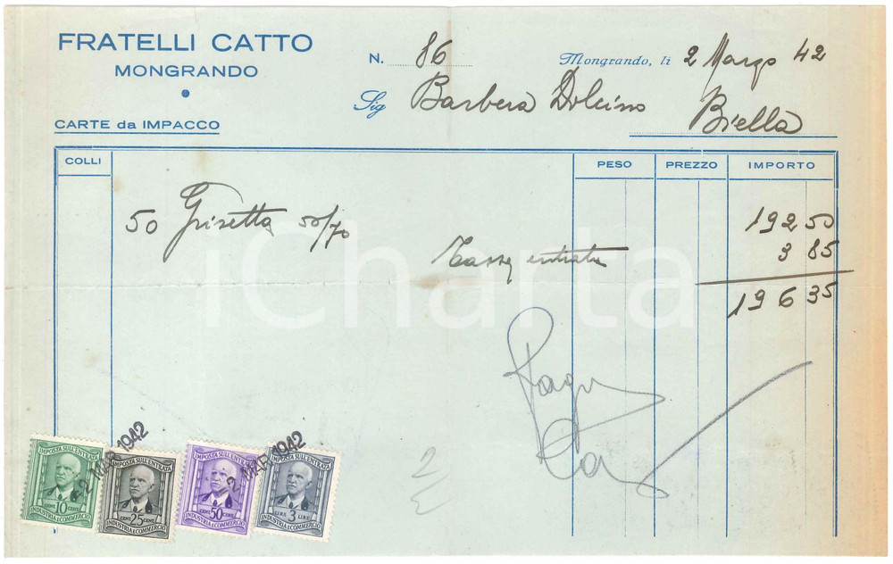 1942 MONGRANDO (BI) Fratelli CATTO Carte da impacco - Fattura per carta grisetta