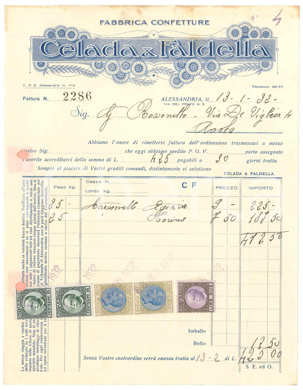 1932 ALESSANDRIA - CELADA & FALDELLA Fabbrica Confetture - Fattura commerciale
