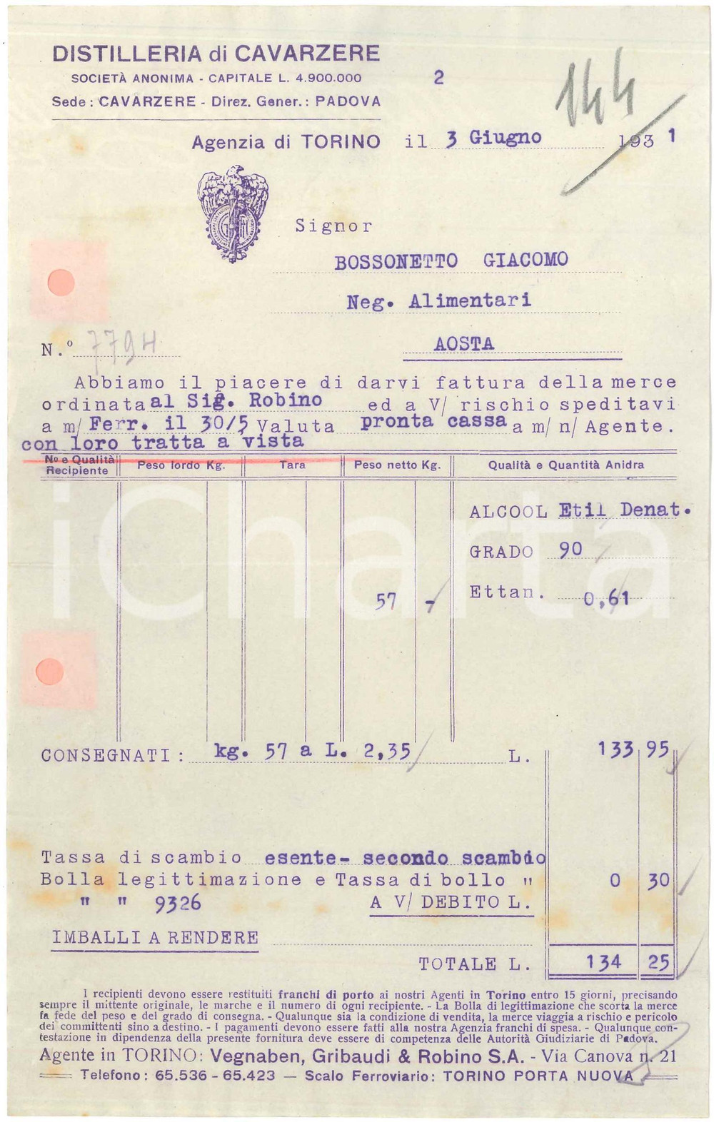 1931 DISTILLERIA DI CAVARZERE (PD) Fattura per alcool etilico