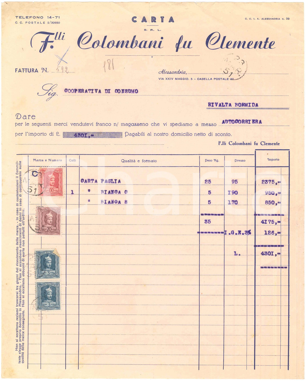 1951 ALESSANDRIA - F.lli COLOMBANI fu Clemente - Fattura commerciale per carta