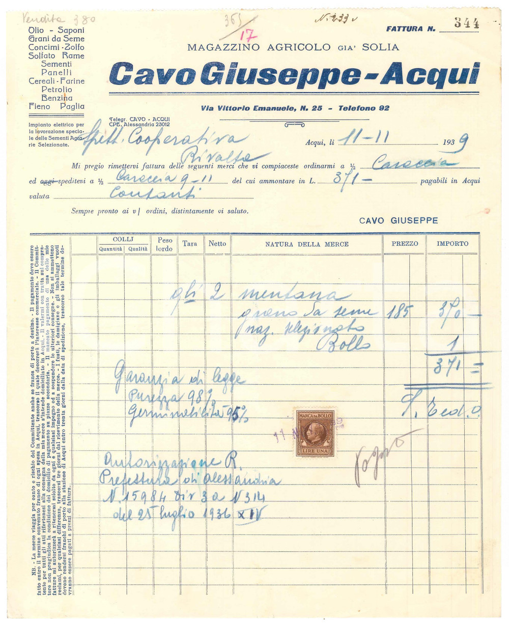 1939 ACQUI TERME (AL) - Giuseppe CAVO Magazzino agricolo già SOLIA - Fattura