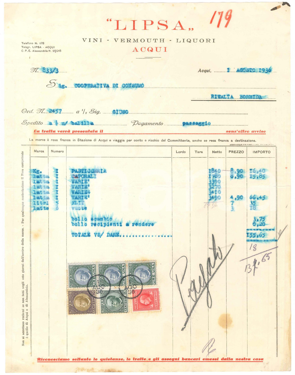 1936 ACQUI TERME (AL) - LIPSA Vini Vermouth Liquori - Fattura commerciale