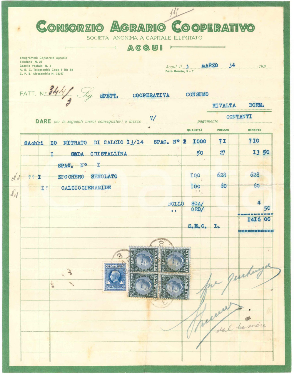 1934 ACQUI TERME (AL) - Consorzio Agrario Cooperativo - Fattura commerciale