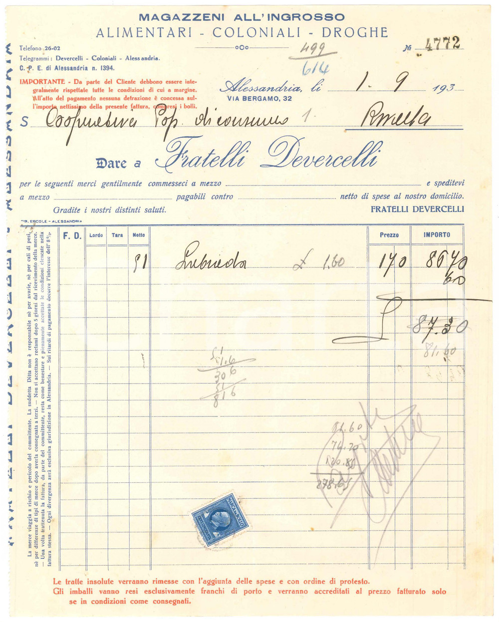 1930 ca ALESSANDRIA - Fratelli DEVERCELLI Alimentali Coloniali Droghe - Fattura