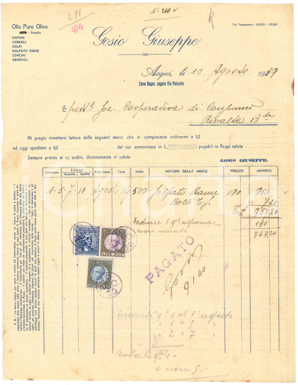 1939 ACQUI TERME (AL) - Giuseppe GOSIO - Fattura commerciale per solfato di rame