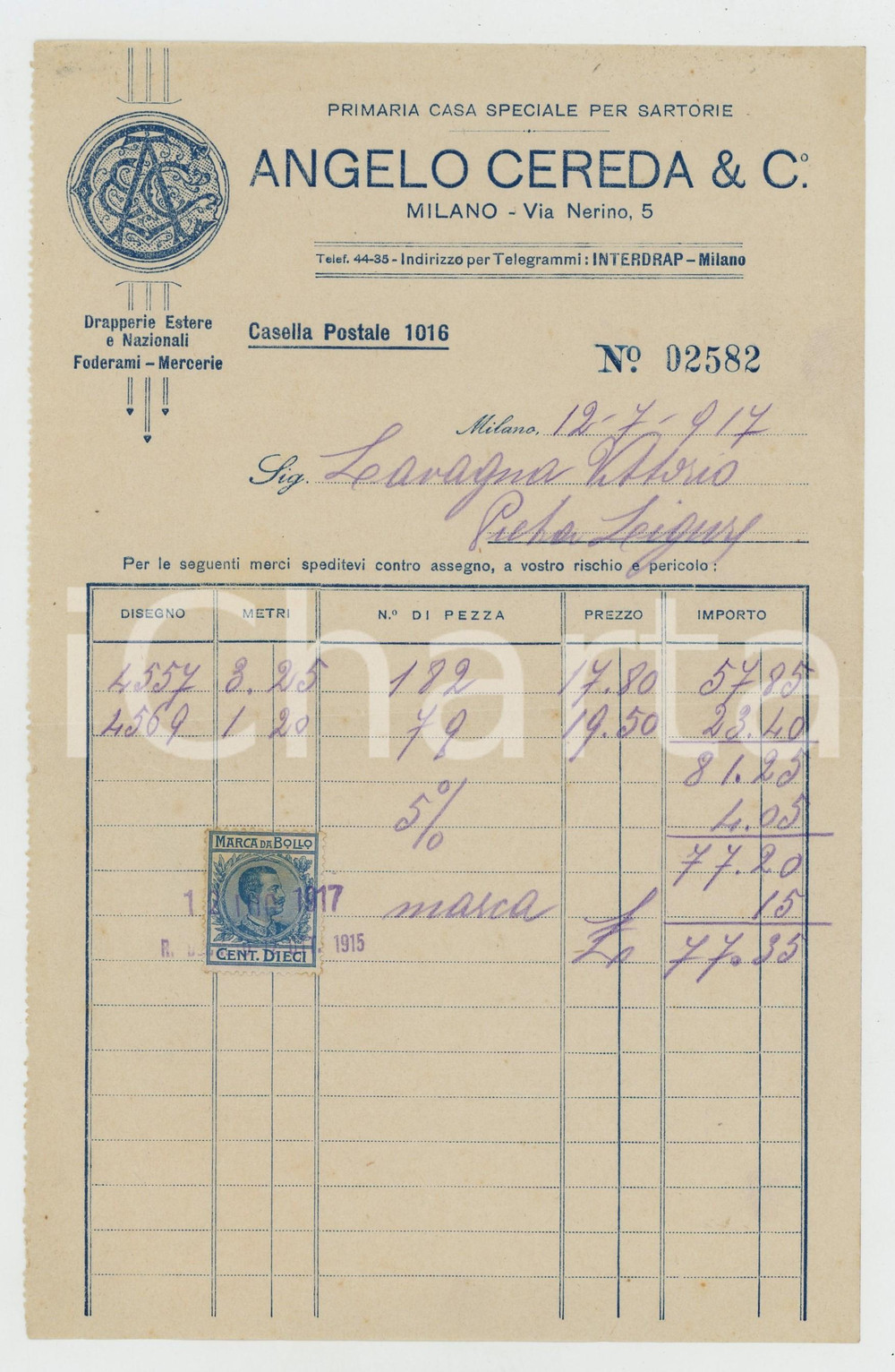 1917 MILANO Via Nerino 5 Angelo CEREDA & C. Casa speciale per sartorie - Fattura