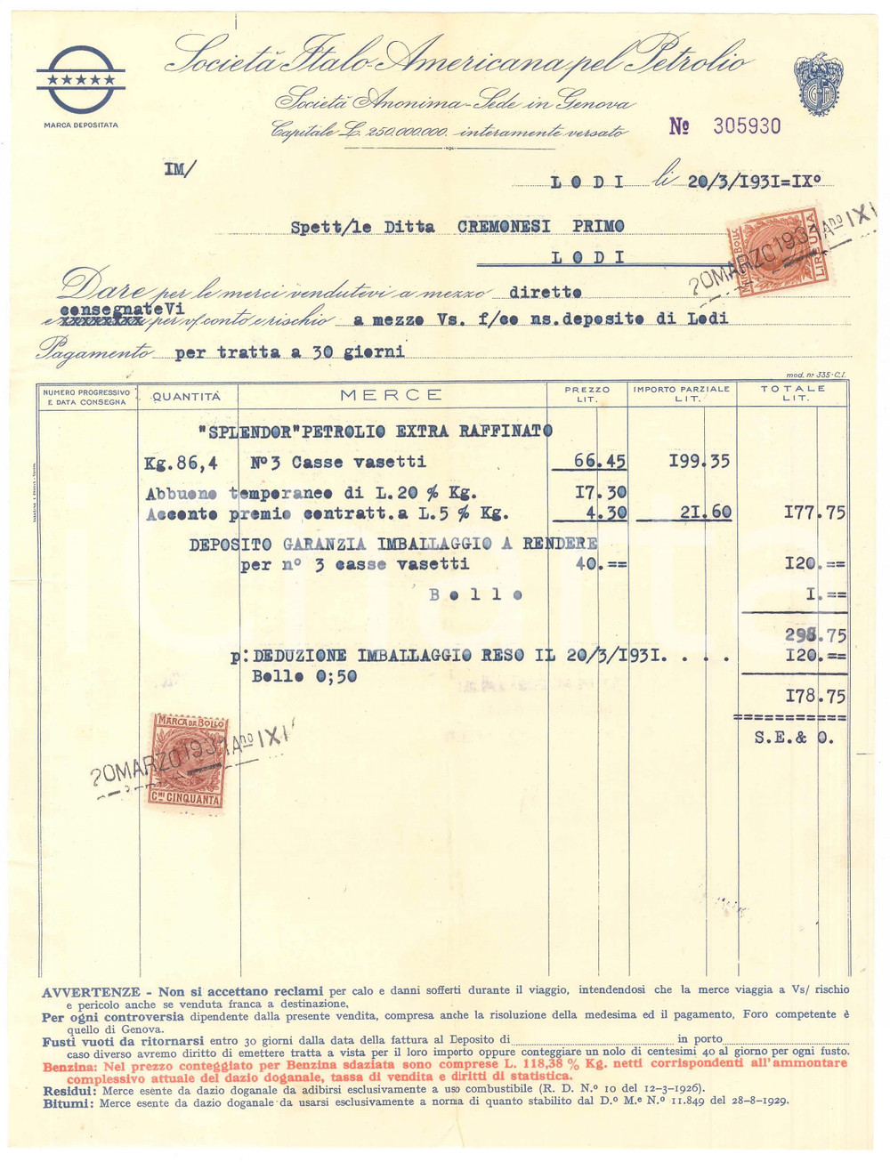 1931 GENOVA Società Italo-Americana pel Petrolio - Fattura petrolio Splendor (1)