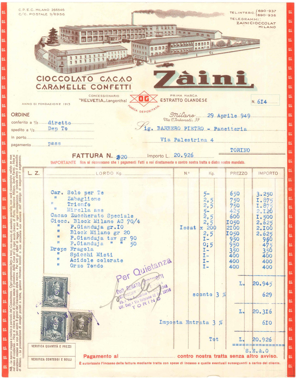 1949 MILANO Via C. Imbonati 59 - ZÀINI Cioccolato Cacao Caramelle - Fattura