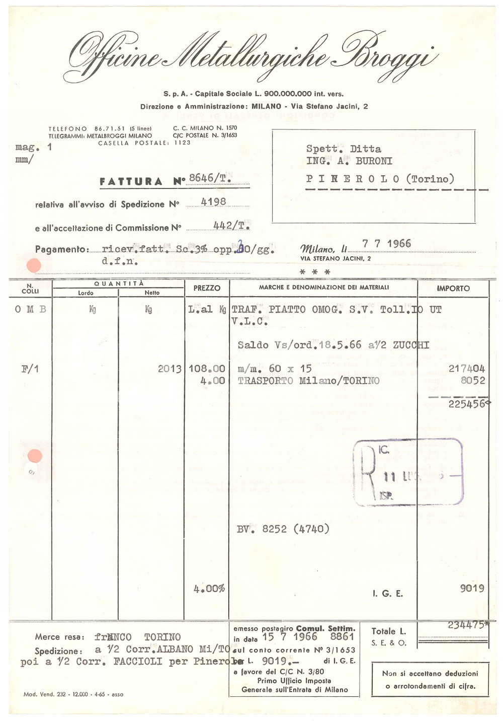 1966 MILANO Via Stefano Jacini 2 - Officine Metallurgiche BROGGI - Fattura