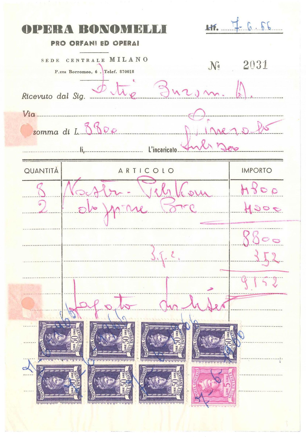 1966 MILANO P.zza Borromeo 6 - Opera Bonomelli Pro orfani ed operai - Fattura