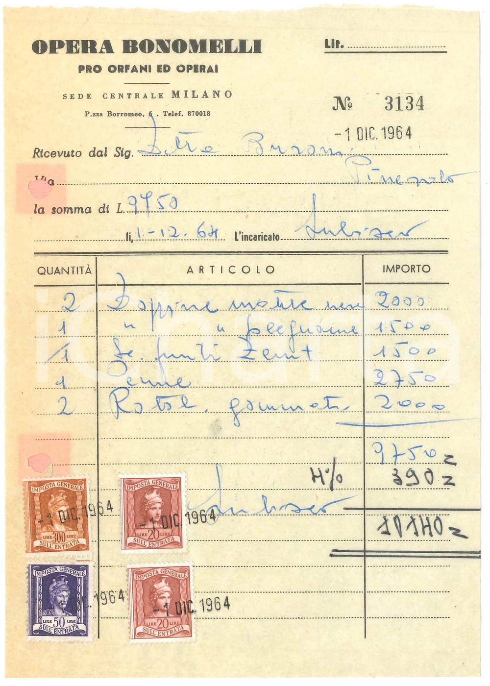 1964 MILANO P.zza Borromeo 6 - Opera Bonomelli Pro orfani ed operai *Fattura (2)
