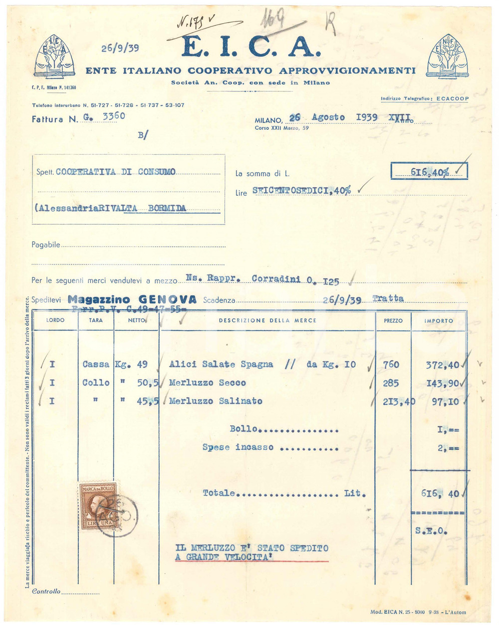 1939 MILANO C.so XXII Marzo EICA Ente Cooperativo Approvvigionamenti Fattura (2)