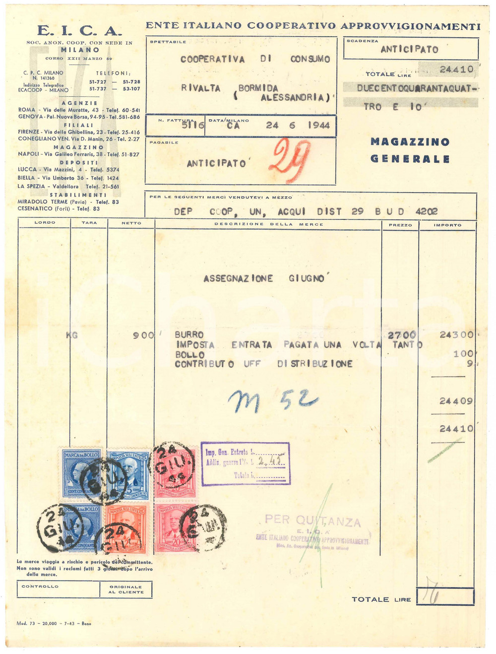 1944 MILANO Corso XXII Marzo - EICA Ente Cooperativo Approvvigionamenti *Fattura