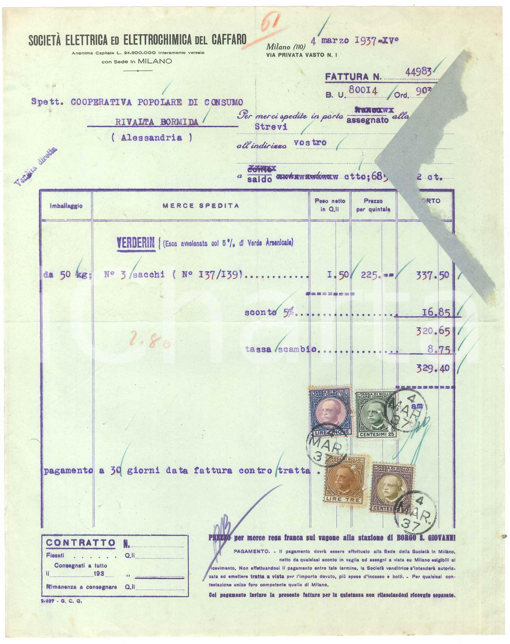 1937 MILANO Via Privata Vasto - Società Elettrica Elettrochimica CAFFARO Fattura