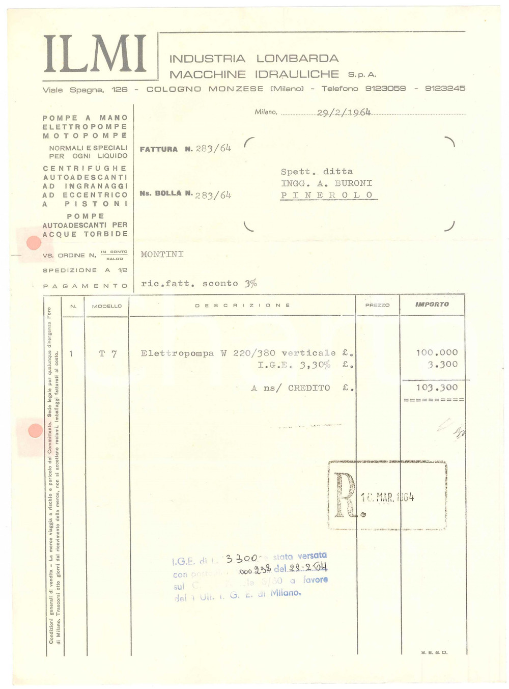 1964 COLOGNO MONZESE - ILMI Industria Lombarda Macchine Idrauliche - Fattura (1)