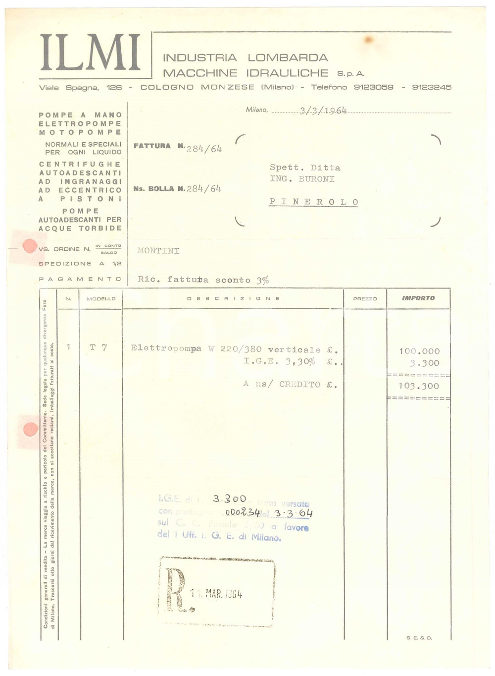 1964 COLOGNO MONZESE - ILMI Industria Lombarda Macchine Idrauliche - Fattura (2)