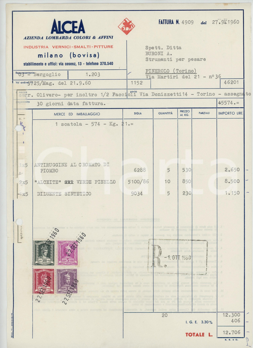 1960 MILANO Via Cosenz 13 - ALCEA Azienza Lombarda colori & affini - Fattura