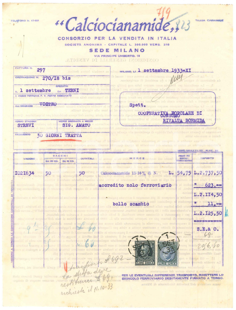1933 MILANO Via Principe Umberto 18 - Calciocianamide Consorzio - Fattura
