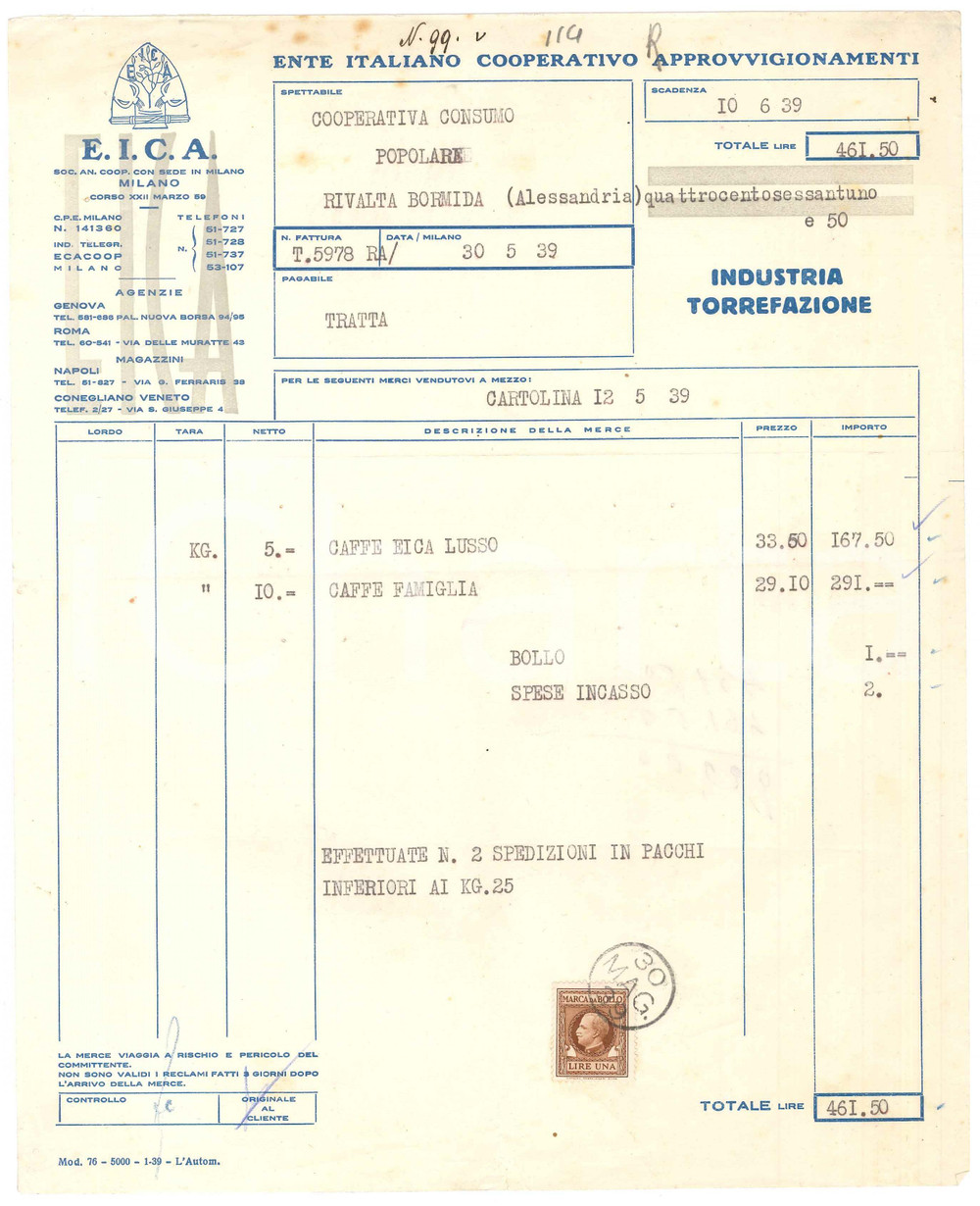 1939 MILANO C.so XXII Marzo EICA Ente Cooperativo Approvvigionamenti Fattura (1) Fattura commerciale d'epoca dattiloscritta, su carta intestata.Presente marca da bollo.Milano, Corso XXII Marzo n. 59.PAGINE: 1  FAIR/discreto piegature d'epoca; piccoli fori da spillatura; fioriture; minimo strappo al lato inferiore Formato: 23x28 cm originale e autentica 1