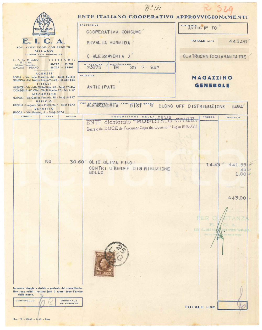 1942 MILANO C.so XXII Marzo EICA Ente Cooperativo Approvvigionamenti Fattura (2)