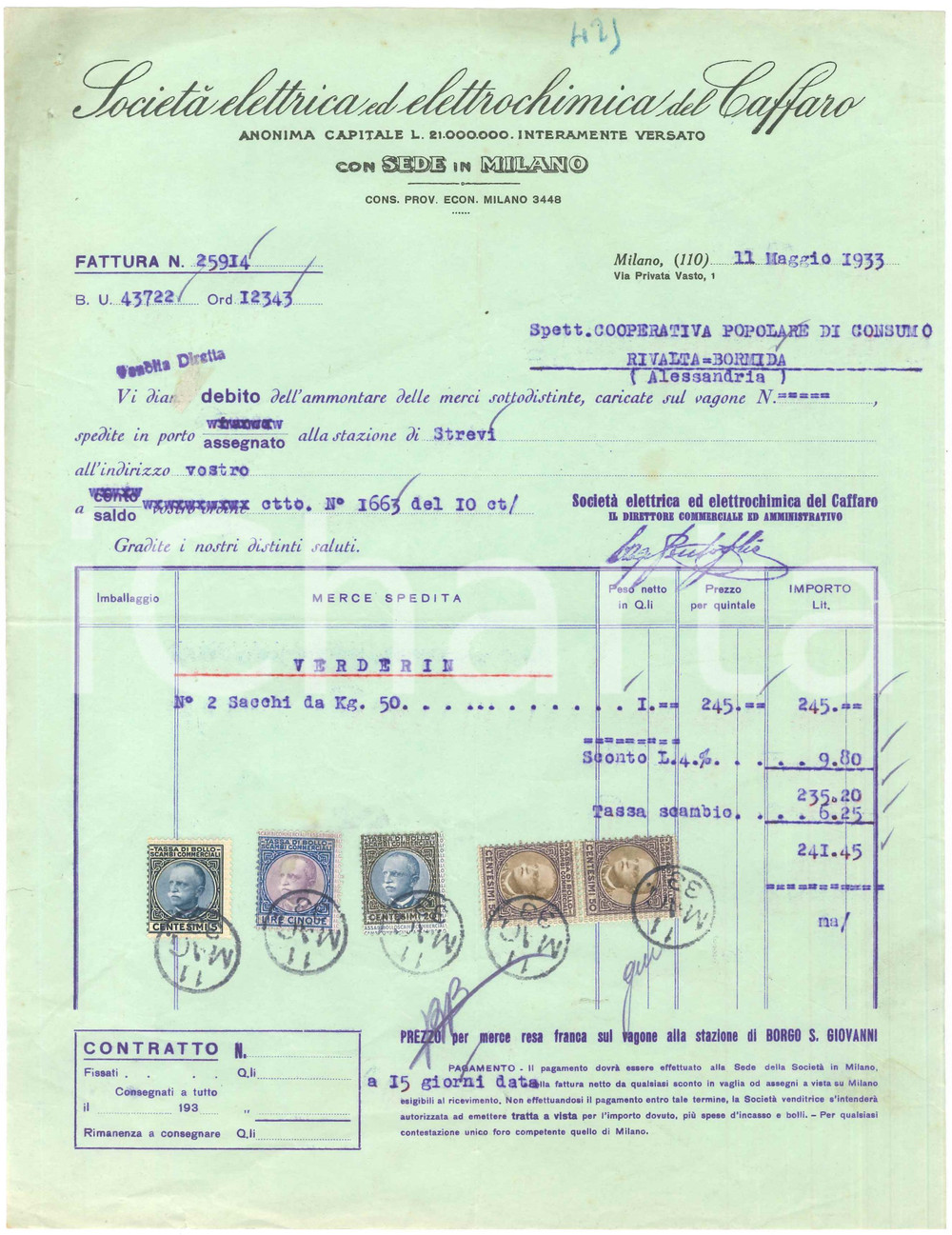1933 MILANO Via Privata Vasto - Società Elettrica Elettrochimica CAFFARO Fattura