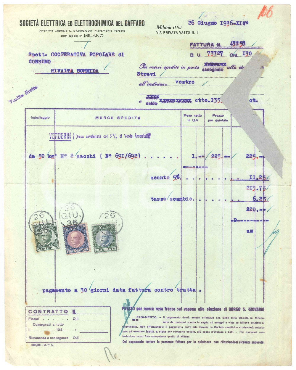 1936 MILANO Via Privata Vasto - Società Elettrica Elettrochimica CAFFARO Fattura