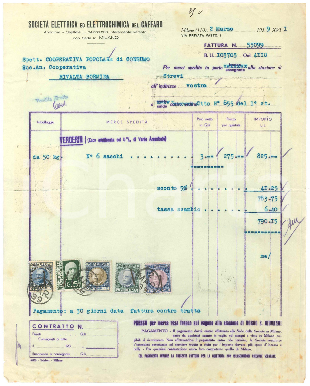 1939 MILANO Via Privata Vasto - Società Elettrica Elettrochimica CAFFARO Fattura Fattura commerciale d'epoca dattiloscritta, su carta intestata. Presenti marche da bollo.PAGINE: 1  POOR/danneggiato piegature d'epoca; piccoli fori da spillatura; fioriture; gualciture; punti metallici; piccoli strappi marginali FORMATO: 23x29 cm originale e autentica 1