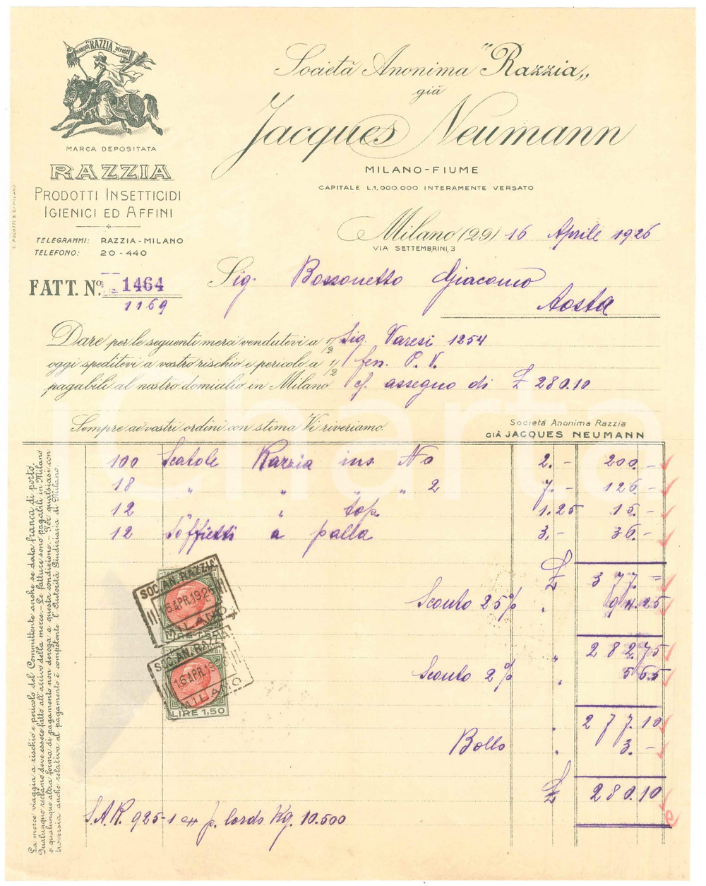 1926 MILANO Via Settembrini - S.A RAZZIA già Jacques NEUMANN Insetticidi Fattura