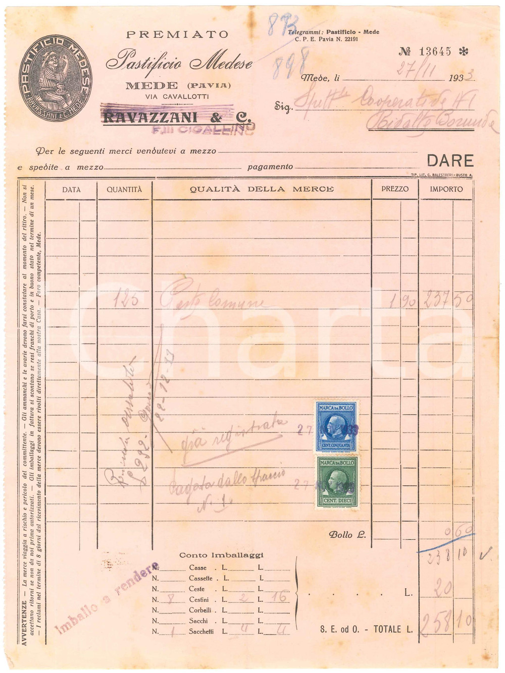 1933 MEDE (PV) - RAVAZZANI & C. Premiato Pastificio Medese - Fattura (2)