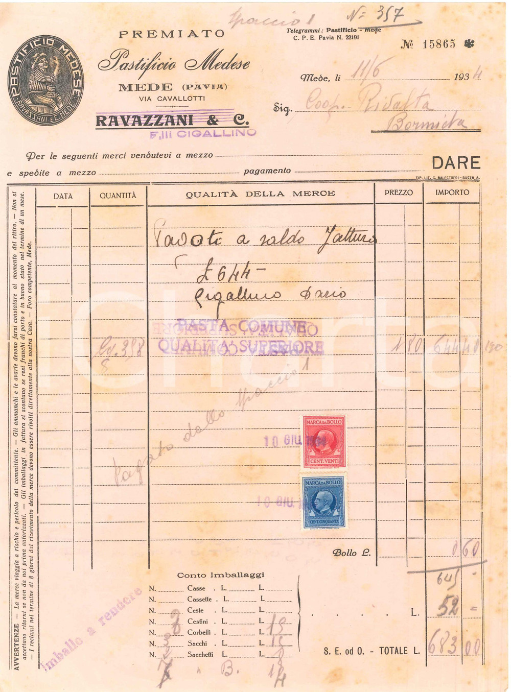1934 MEDE (PV) - RAVAZZANI & C. Premiato Pastificio Medese - Fattura (3)