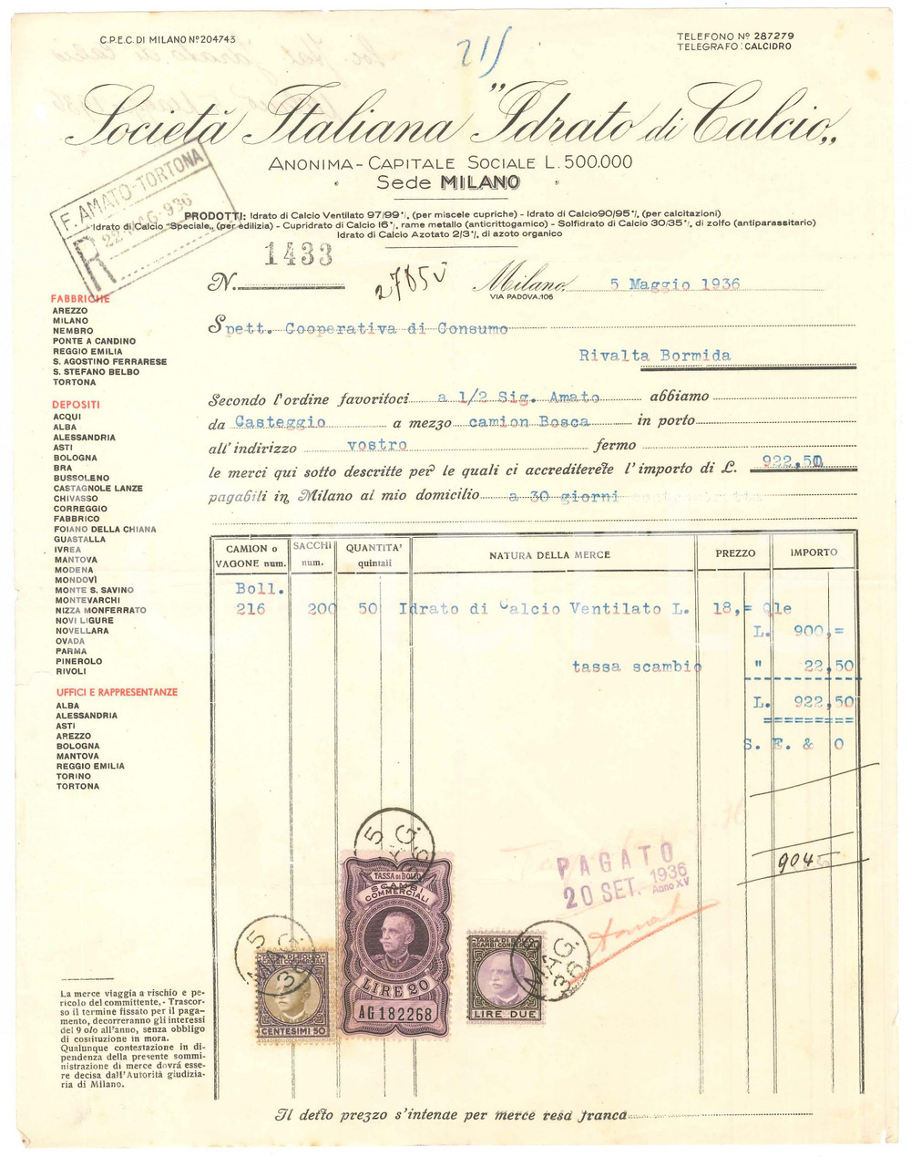 1936 MILANO Via Padova 106 - Società Italiana "Idrato di Calcio" - Fattura