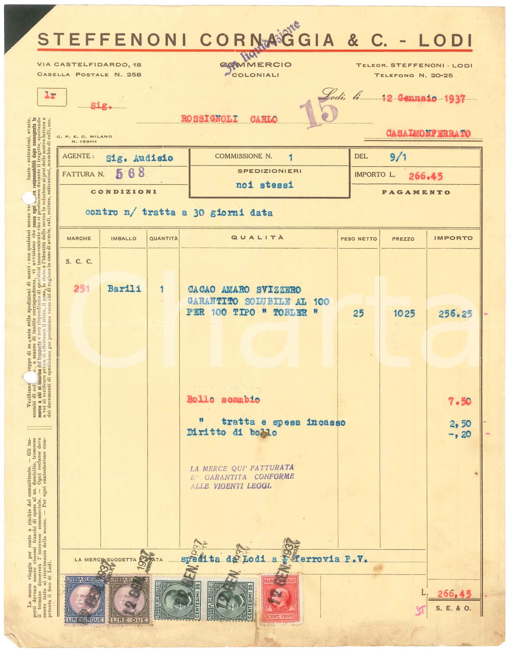 1937 LODI - STEFFENONI CORNAGGIA & C. Commercio coloniali - Fattura per cacao