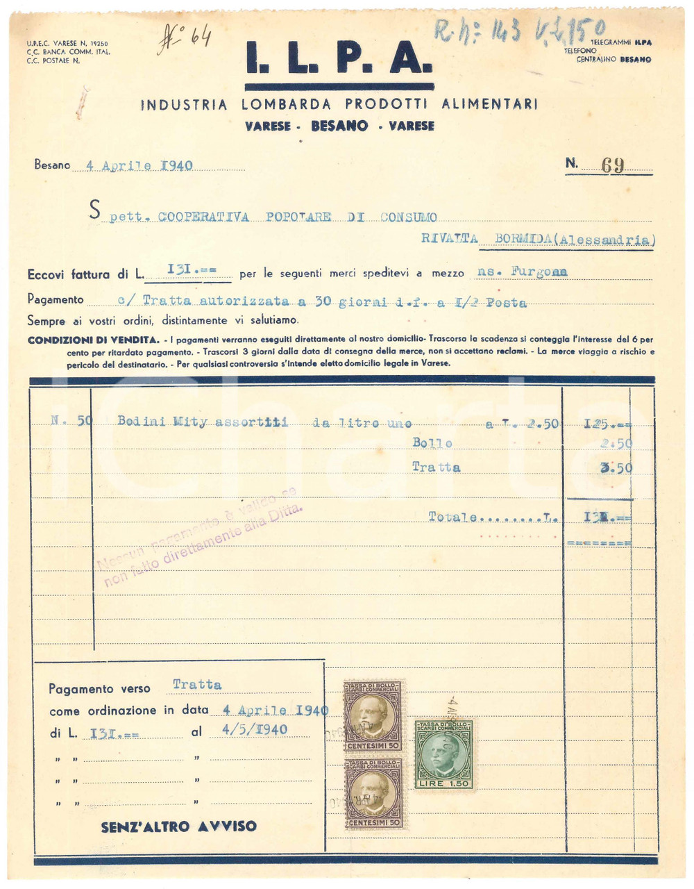 1940 BESANO (VA) - I.L.P.A. Industria Lombarda Prodotti Alimentari - Fattura Fattura commerciale d'epoca dattiloscritta, su carta intestata.Presenti marche da bollo.PAGINE: 1 FAIR/discreto piegature d'epoca; piccoli fori da spillatura; lievi residui di ruggine da preesistenti punti metallici Formato: 21x27 cm originale e autentica 1