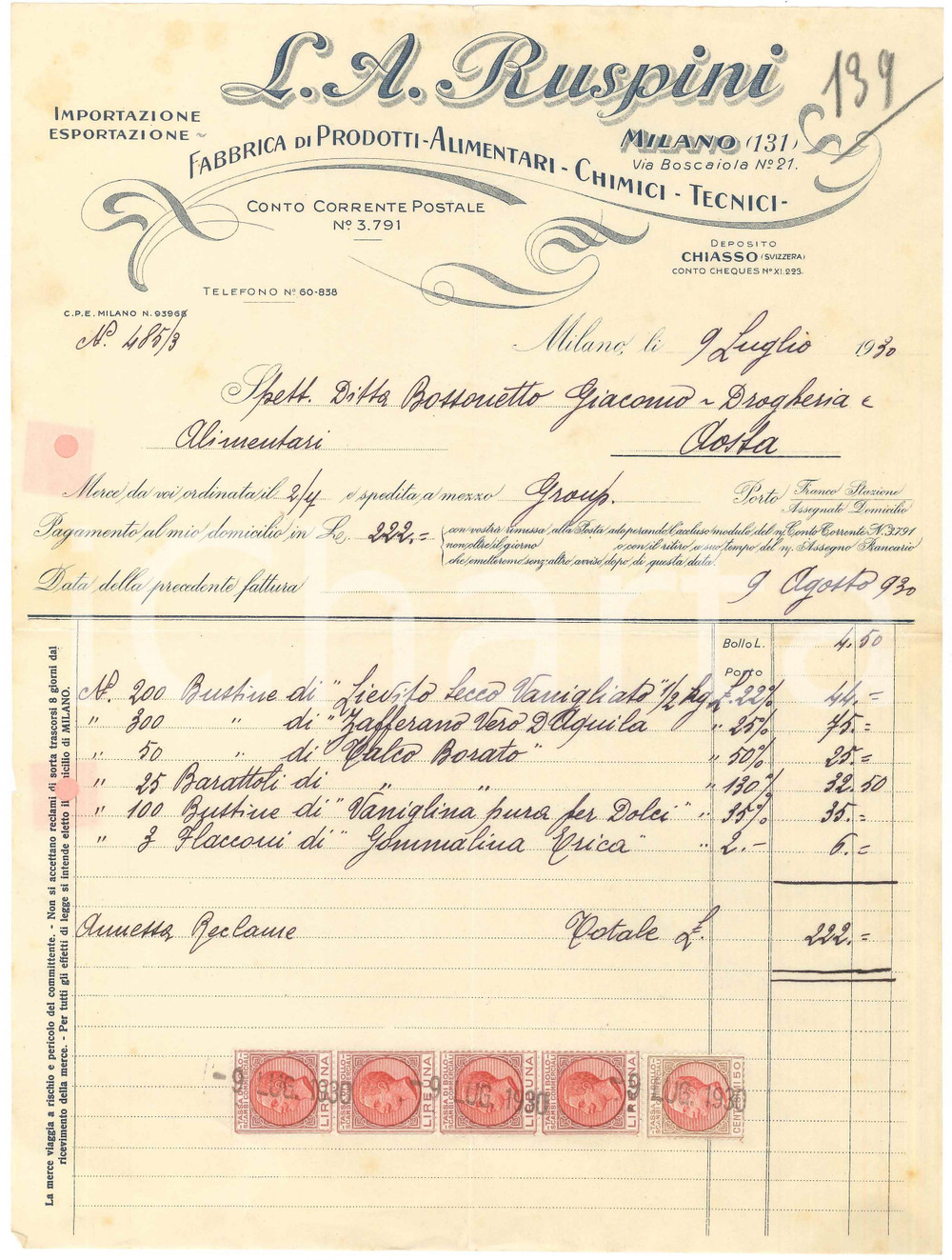 1930 MILANO Via Boscaiola 21 - L. A. RUSPINI Prodotti alimentari - Fattura (2)