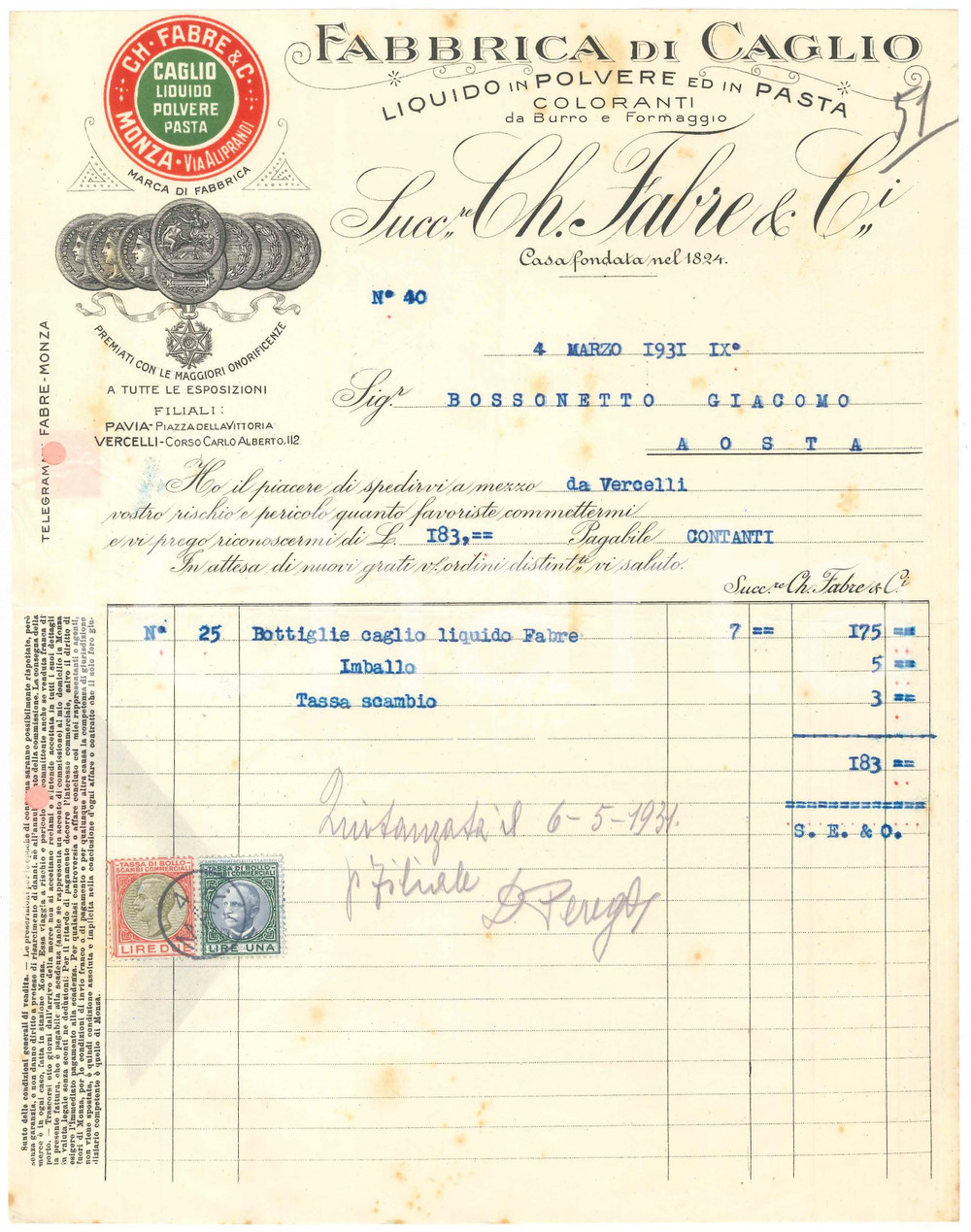 Documento originale, autentico 1931 MONZA  CH. FABRE & C. Fabbrica di caglio Liquido Polvere Pasta Fattura 2 1