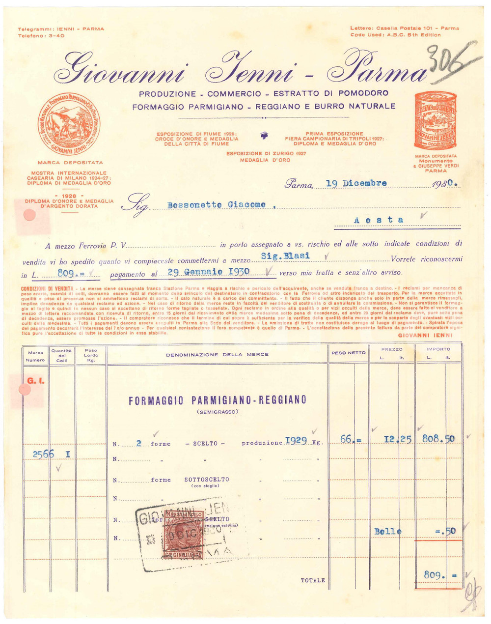 1930 PARMA - Giovanni IENNI Produzione Formaggio Parmigiano Reggiano - Fattura  Fattura commerciale d'epoca dattiloscritta, su carta intestata.Presente marca da bollo.PAGINE: 1 FAIR/discreto piegature d'epoca; piccoli fori da spillatura; fori da classificatore; minime fioriture Formato: 22x28 cm originale e autentica 1