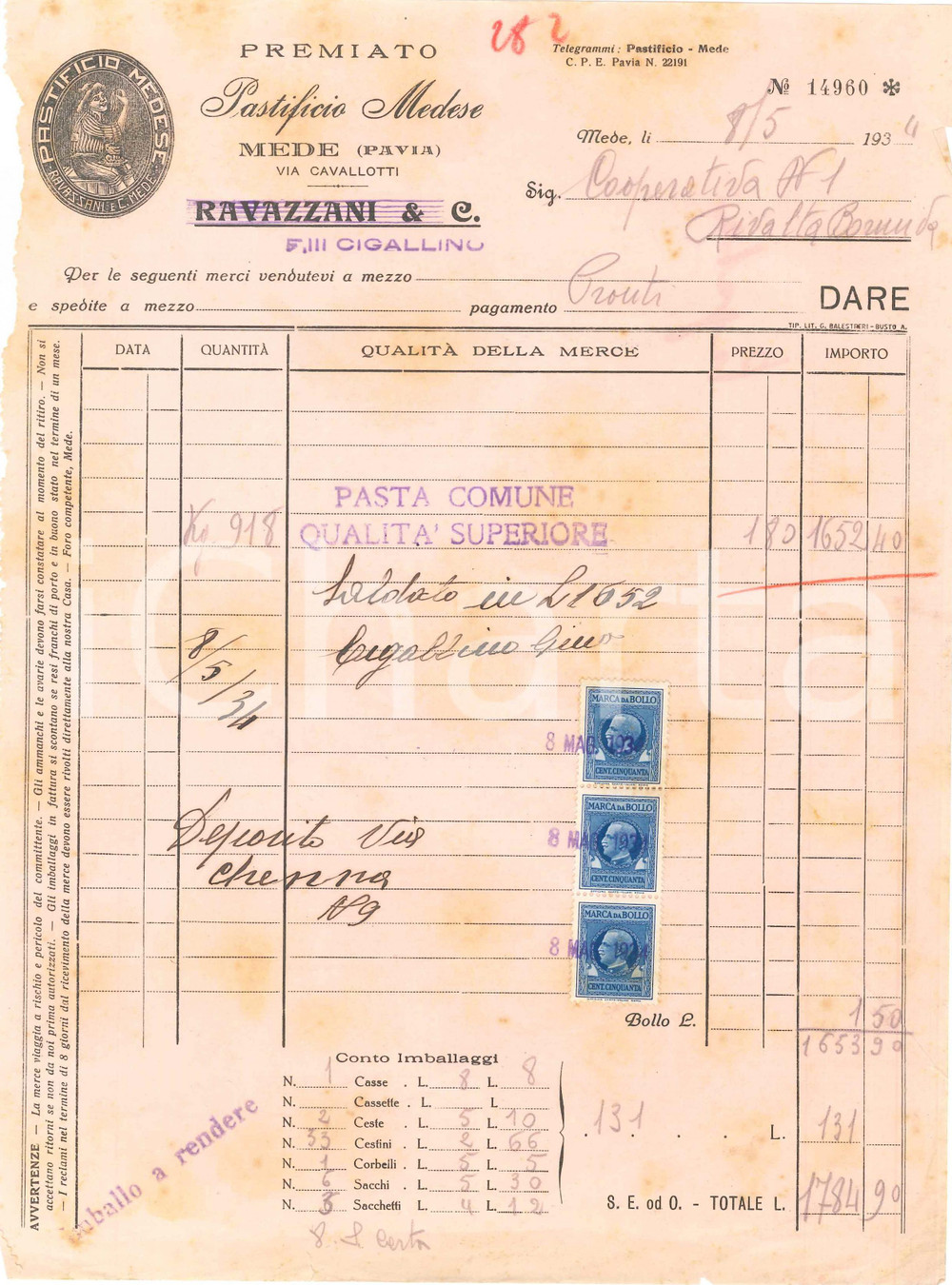 1934 MEDE (PV) - RAVAZZANI & C. Premiato Pastificio Medese - Fattura (1)